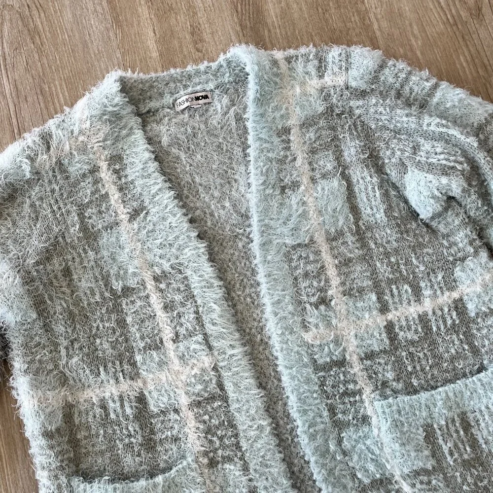 Womens Fashion Nova Blue Plaid Sweater Cardigan - S - Picture 2 of 8